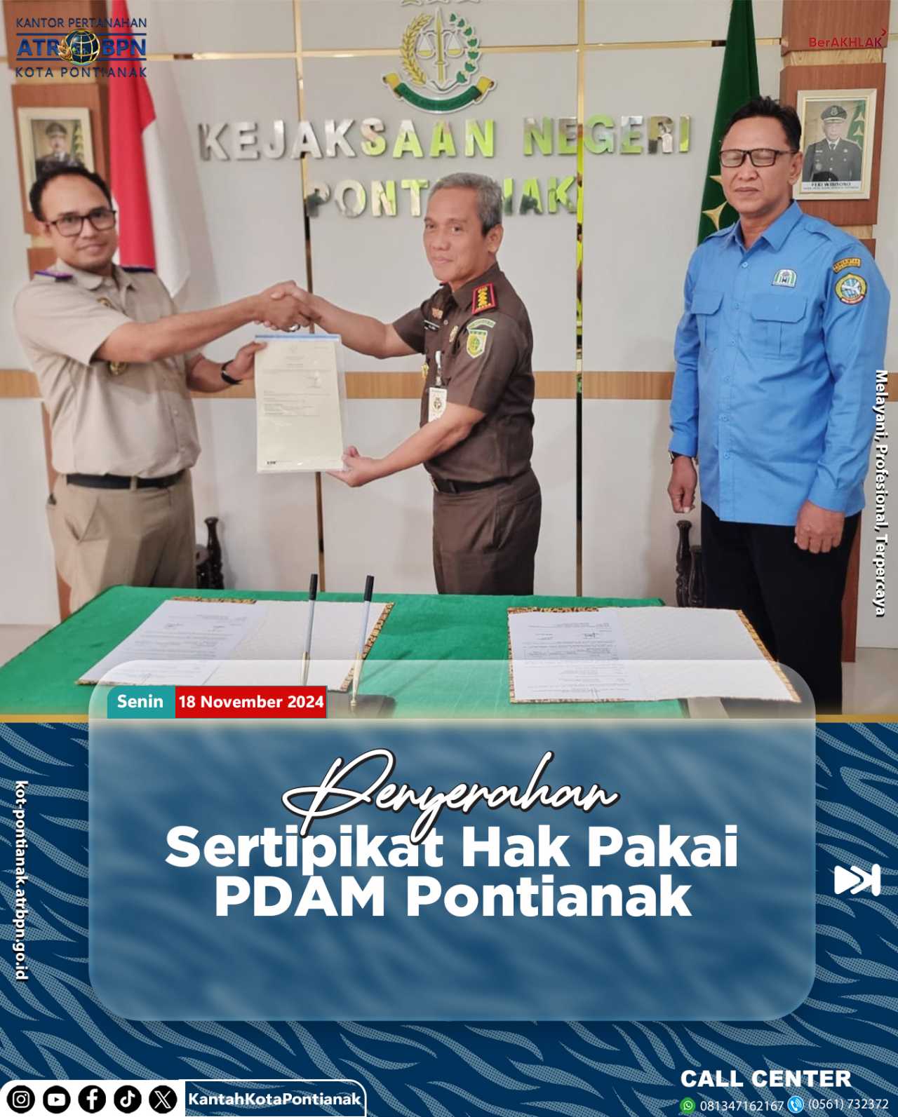 Penyerahan sertipikat Hak Pakai atas Perumda Air Minum Tirta Khatulistiwa